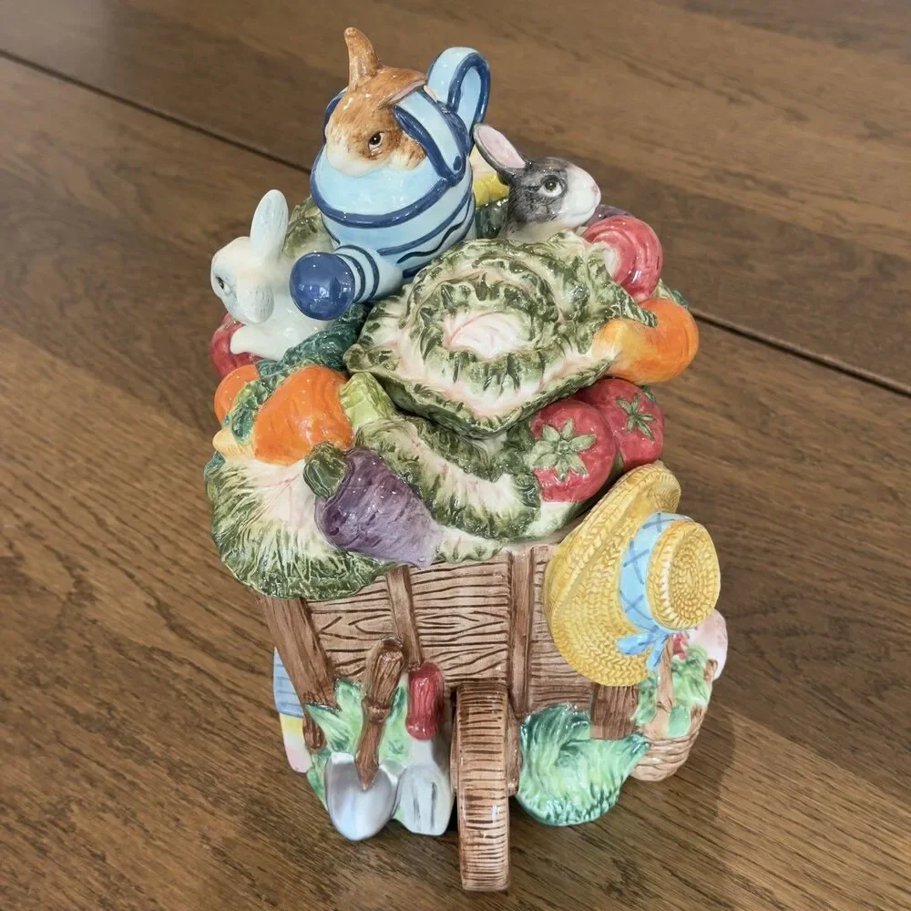 Fitz and Floyd English Garden Bunnies Wheelbarrow Cookie Jar Spring Vintage 1996